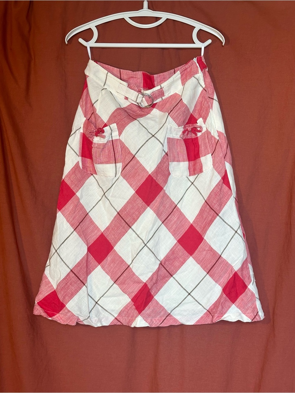 Red & White Gingham Midi Skirt with Belt